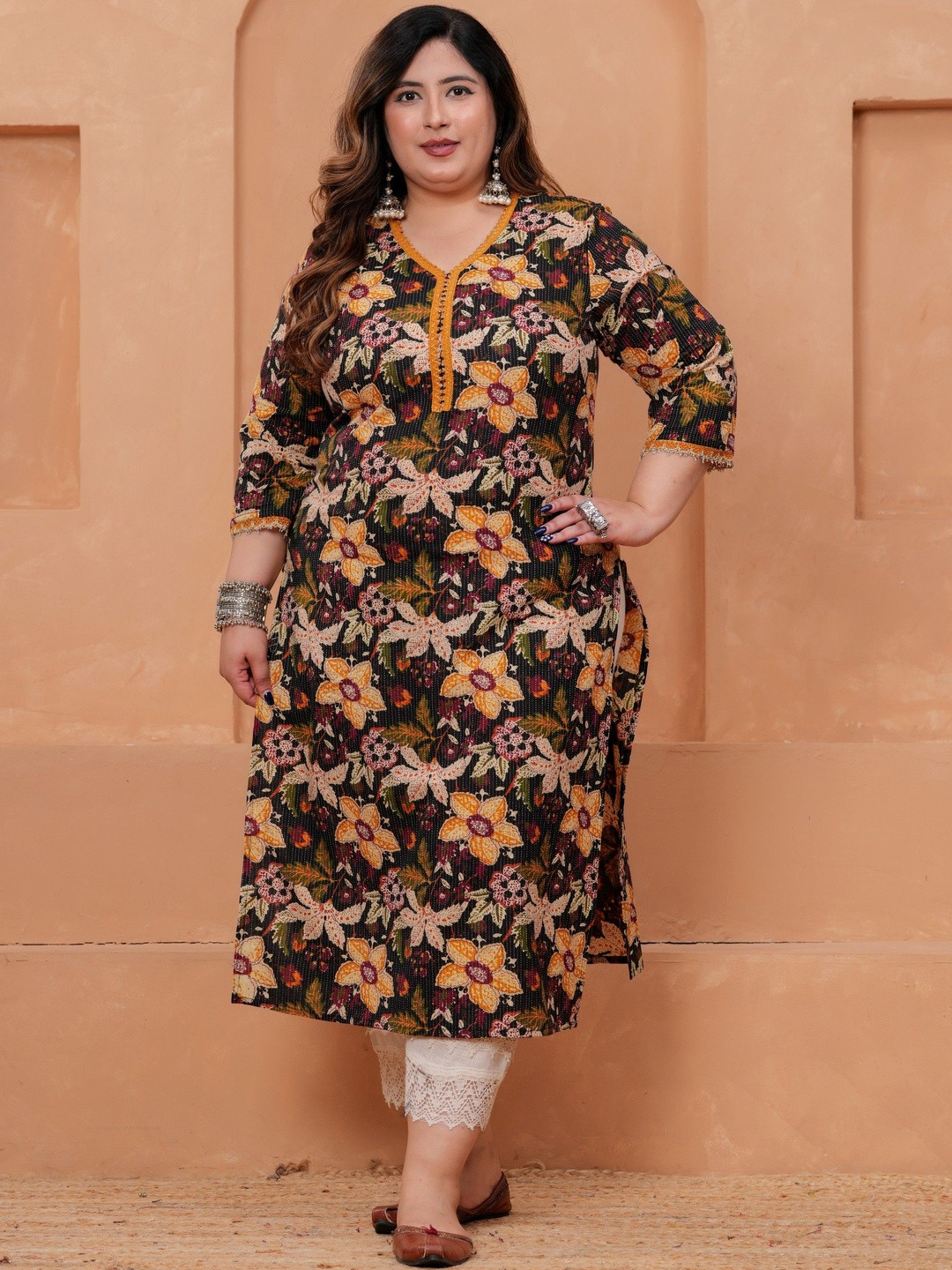 LABULY Plus Size Pure Cotton Women Straight Kantha Lace Work Black Kurtas
