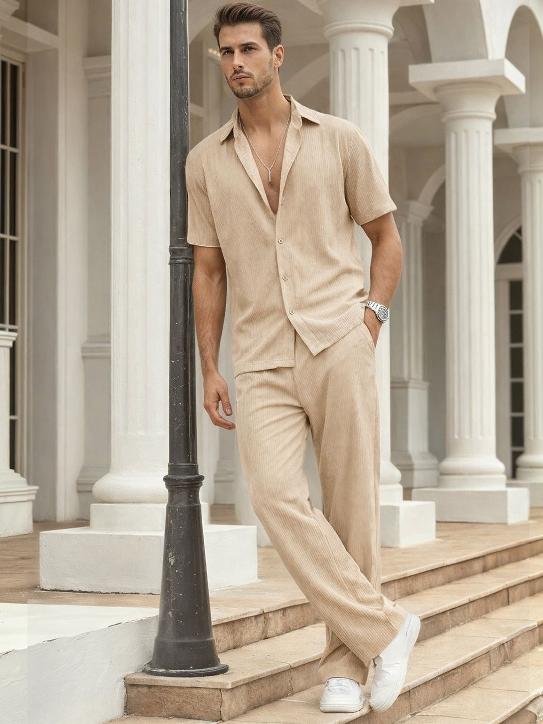 TYSORT Short Sleeves Striped Shirt with Trousers
