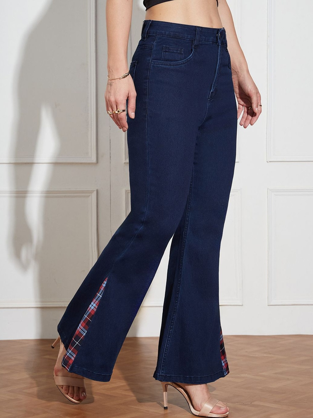 Miss Chase Women High-Rise Dark Wash Bootcut Jeans with Plaid Slit Detail