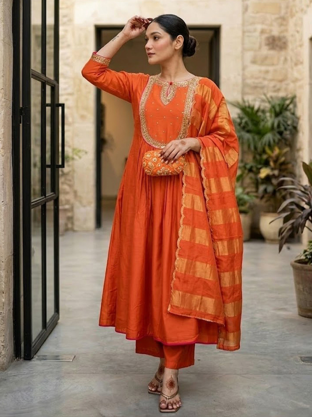 House of Pataudi Embroidered Round Neck Kurta & Trousers With Dupatta