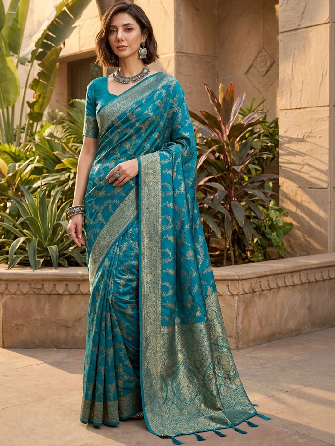 Dhaaga Ghar Women Teal Blue Banarasi Jacquard Golden Zari Weaving Sarees