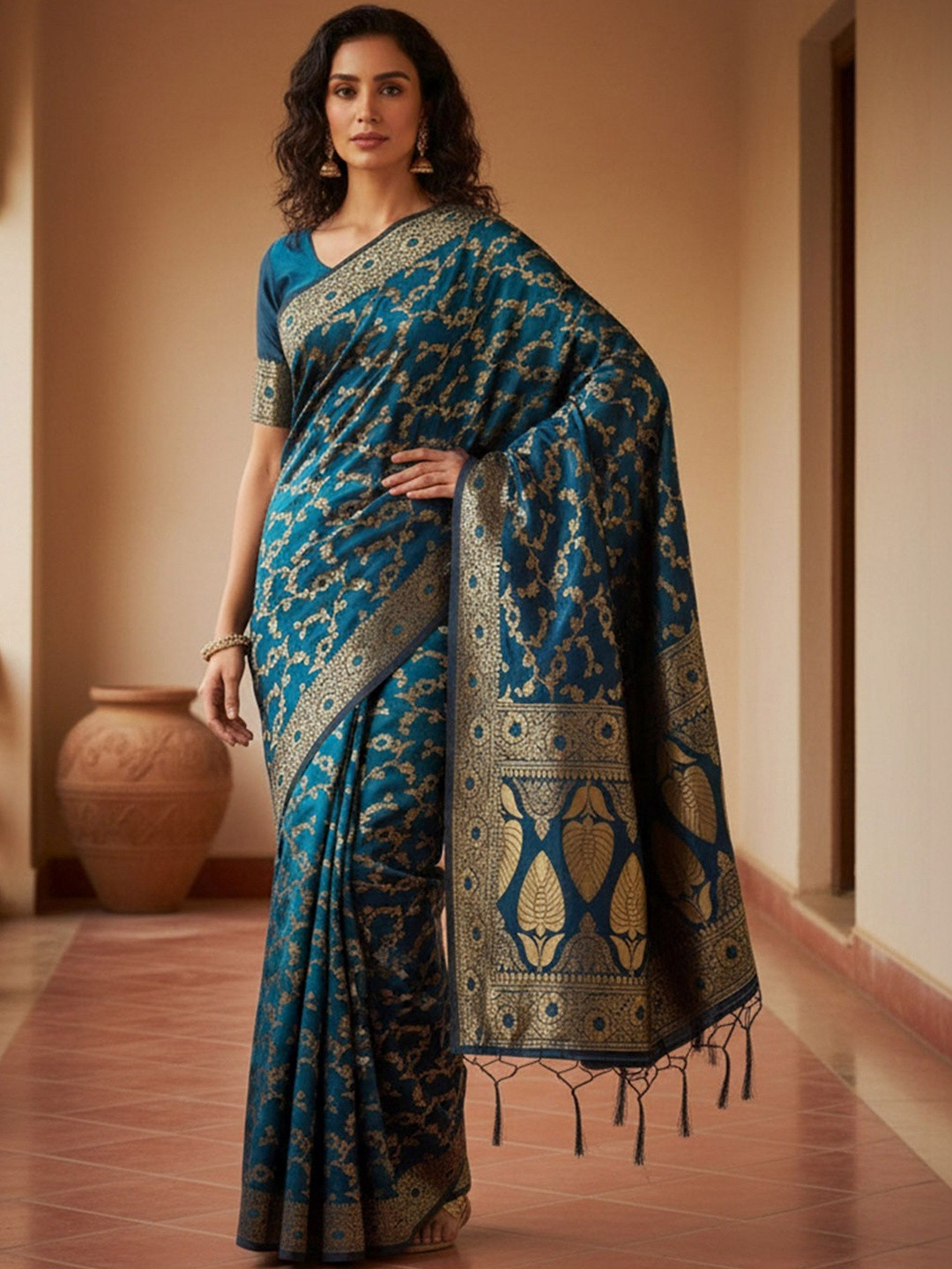 Dhaaga Ghar Women Petrol Blue Banarasi Silk Traditional Weaving Sarees