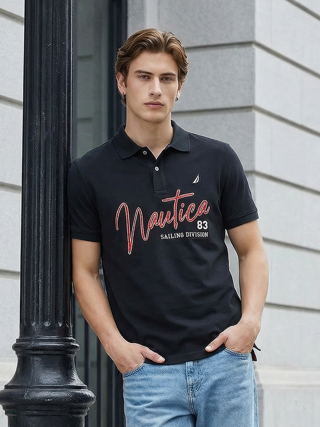 Nautica Men Brand Logo Printed Polo Collar Pure Cotton T-shirt