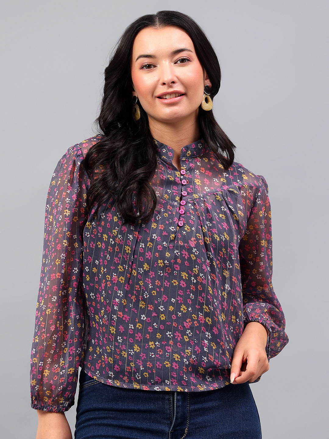 Avor Lifestyle Floral Print Mandarin Collar Puff Sleeve Chiffon Top