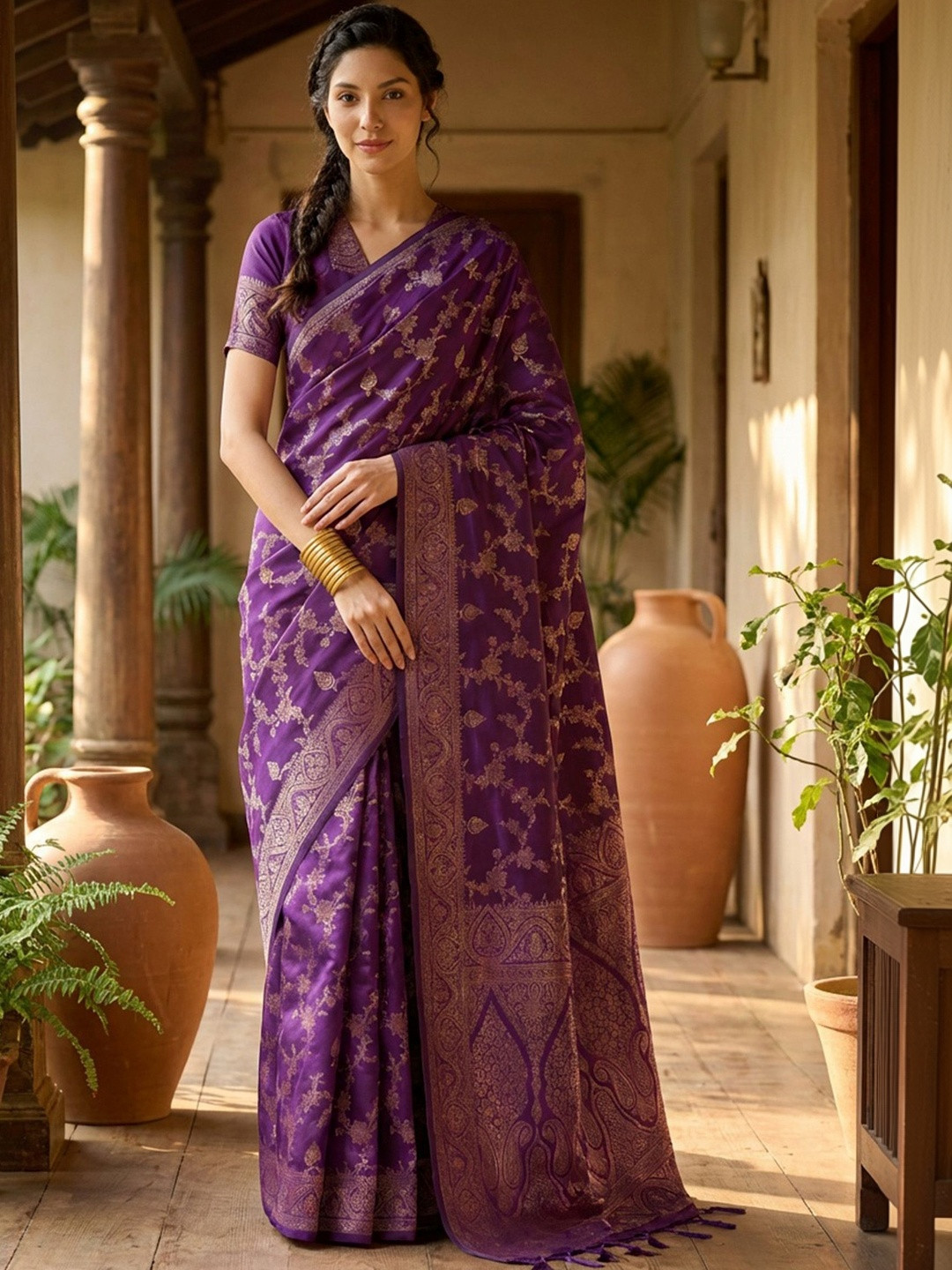 Dhaaga Ghar Women Royal Purple Banarasi Jacquard Zari Weaving Sarees