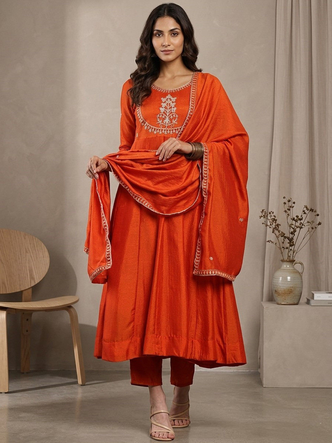Omicron Fab Women Ethnic Motifs Embroidered Panelled Thread Work Kurta with Trousers & With Dupatta