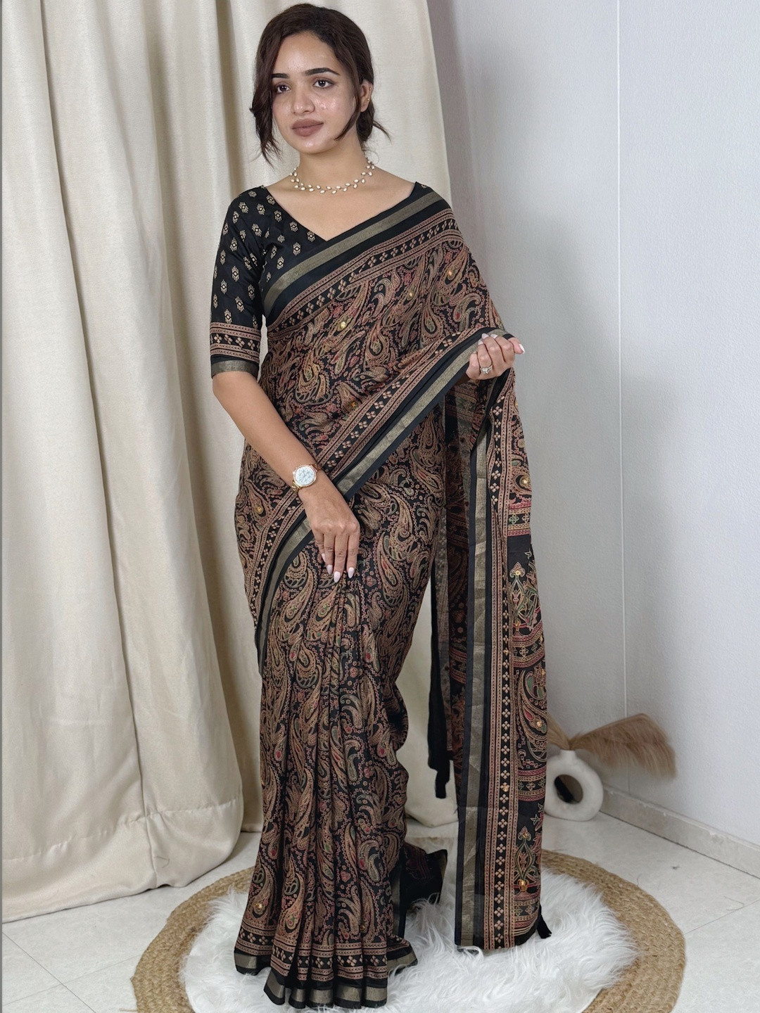 all about you Black Mul Cotton Ajrakh Print Mirror Work Matching Blouse Piece & Saree