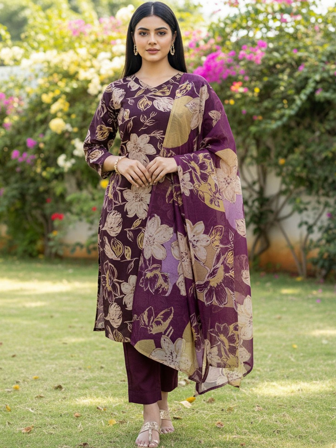 PITRIS Women Floral Printed Regular Kurta with Trousers & With Dupatta