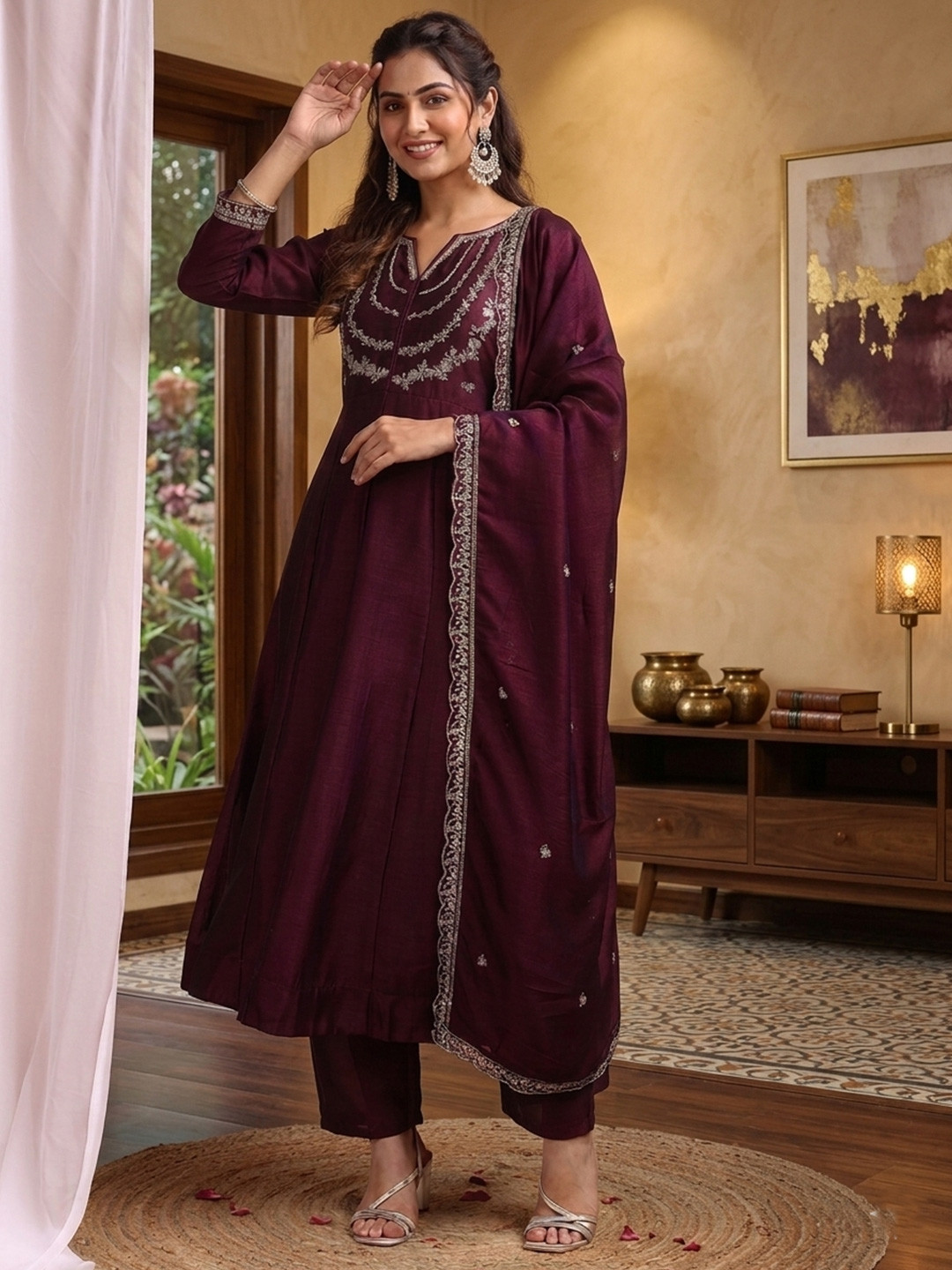 Omicron Fab Women Ethnic Motifs Embroidered Panelled Thread Work Kurta with Trousers & With Dupatta
