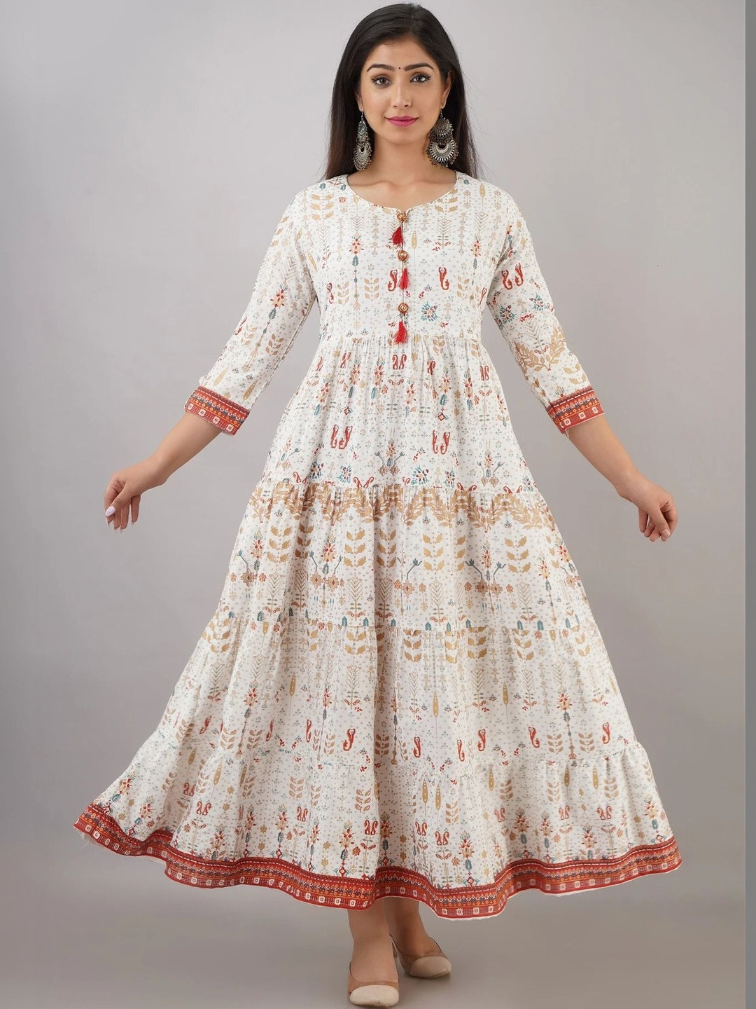 PARIKSHIT Off-white Printed Rayon Anarkali Round Neck Sleeves Kurtas