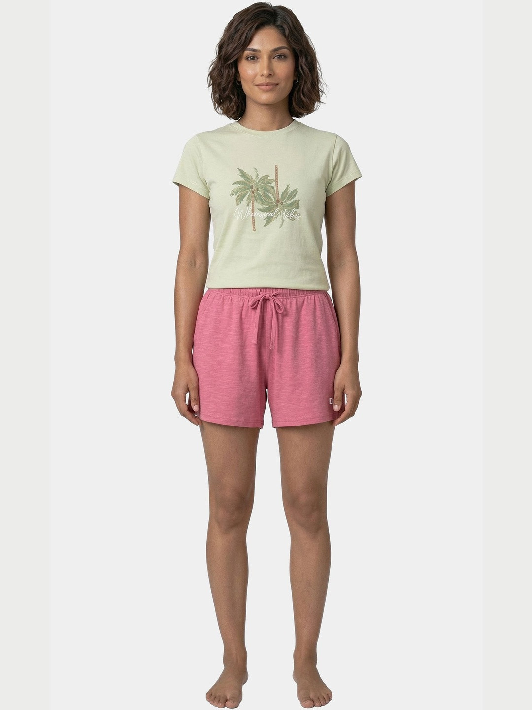 Enamor Women Drawstring Mid Rise Mid Thigh Cotton Basic Shorts Relaxed Fit E062
