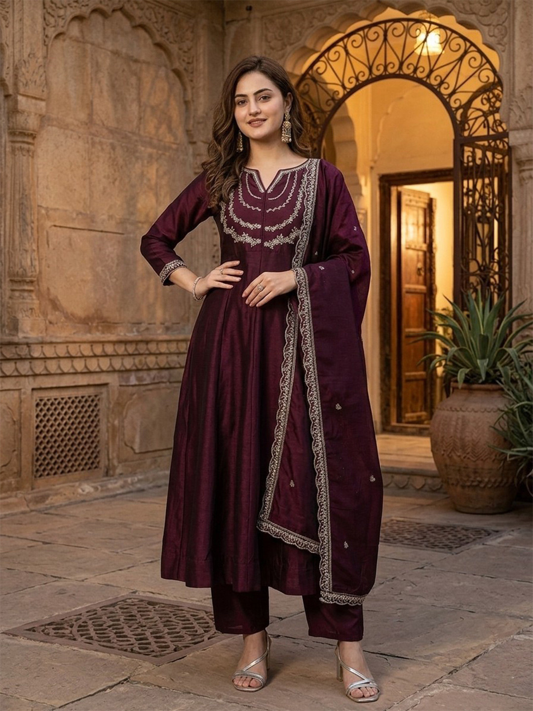 Omicron Fab Women Ethnic Motifs Embroidered Panelled Thread Work Kurta with Trousers & With Dupatta