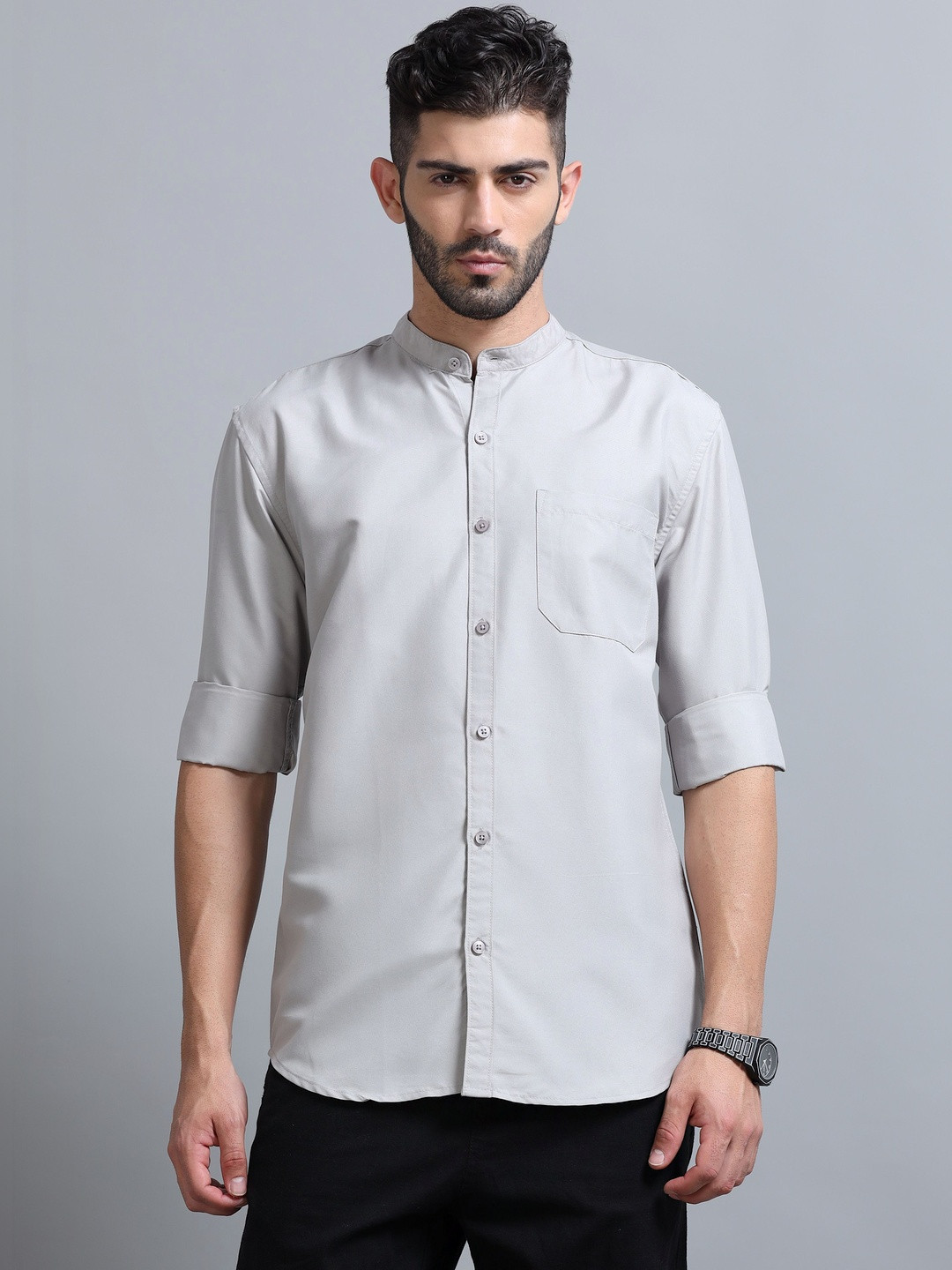 Proword Men Grey Regular Fit Solid Casual Shirts