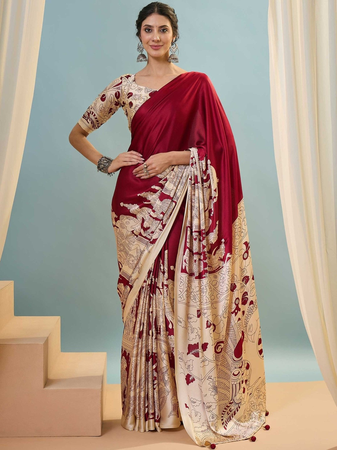 all about you Maroon Satin Crepe Silk Ajrakh Print Contrast Blouse Piece & Sarees