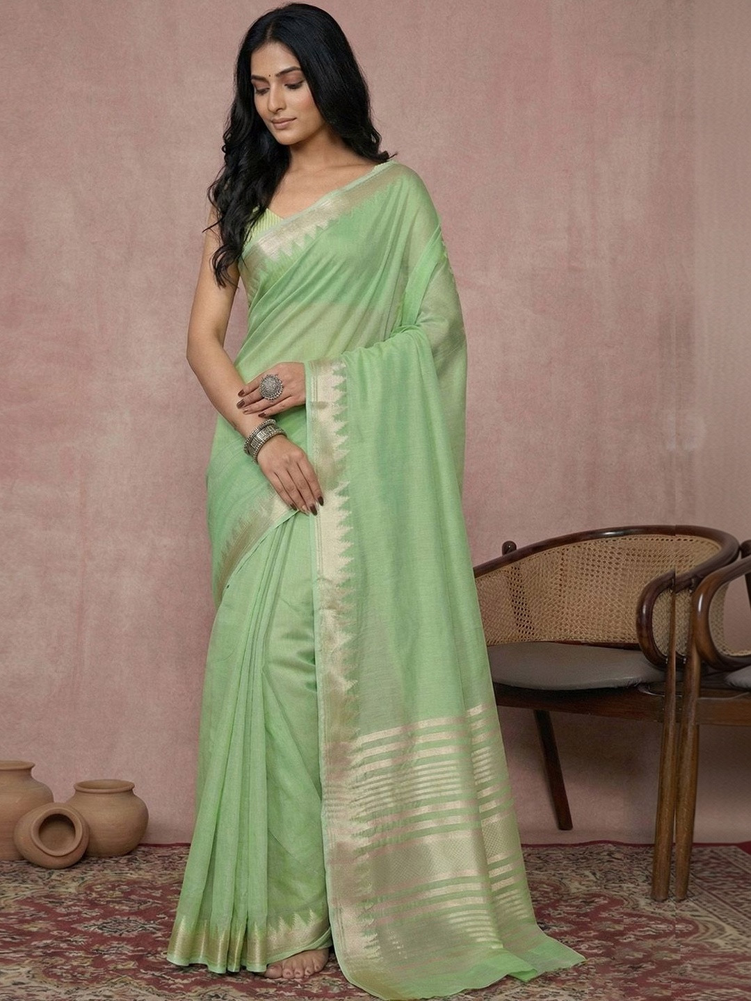 Dhaaga Ghar Woven Design Zari Pure Linen Banarasi Saree