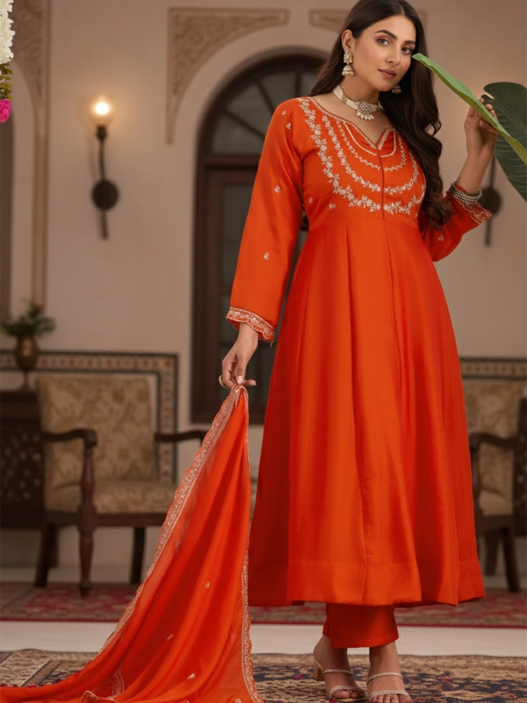Omicron Fab Women Ethnic Motifs Embroidered Panelled Thread Work Kurta with Trousers & With Dupatta