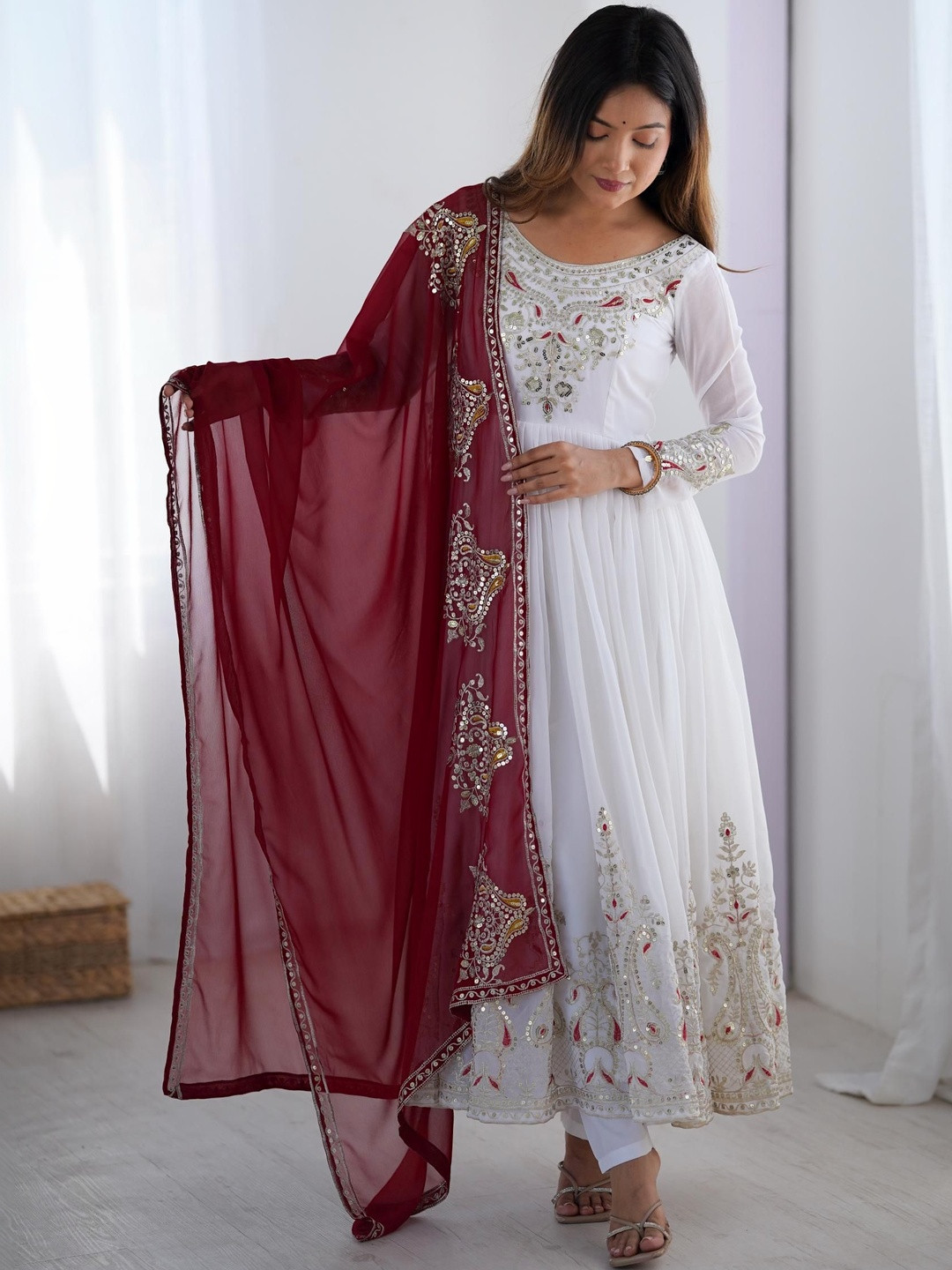 KALINI Embroidered Anarkali Kurta with Trousers & Dupatta Set