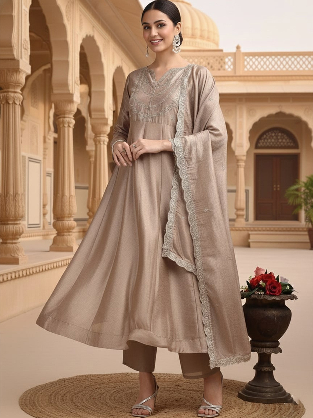 Omicron Fab Women Ethnic Motifs Embroidered Panelled Thread Work Kurta with Trousers & With Dupatta