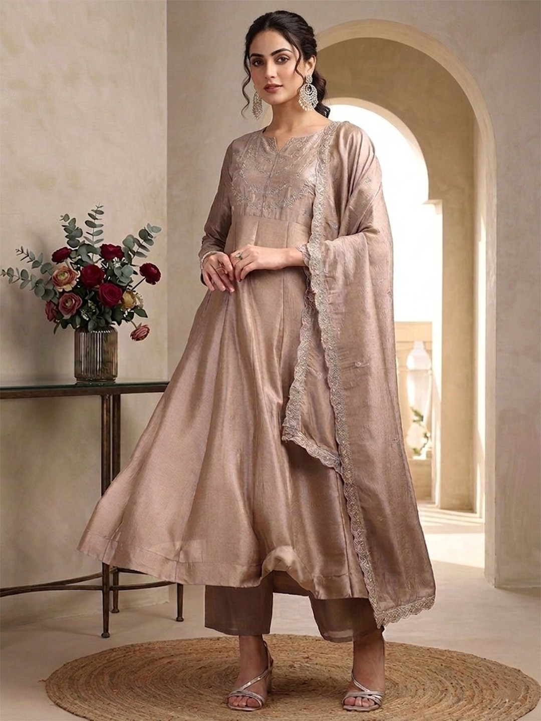 Omicron Fab Women Ethnic Motifs Embroidered Panelled Kurta with Trousers & With Dupatta