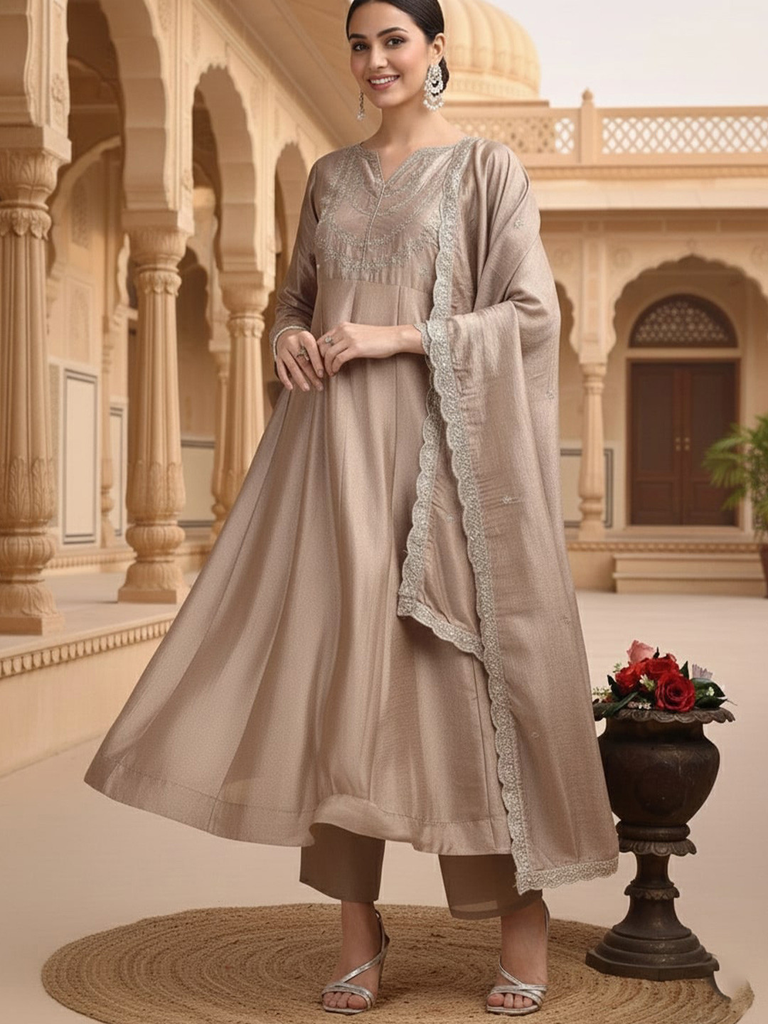 all about you Women Ethnic Motifs Embroidered Empire Thread Work Kurta with Trousers & With Dupatta