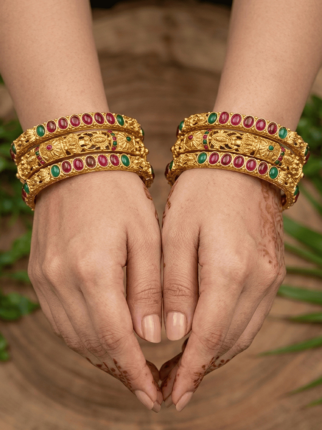 GRIIHAM Set Of 6 Gold-Plated Pink & Green AD Studded Bangles