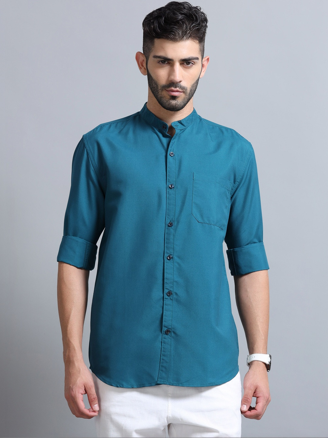Proword Men Blue Regular Fit Solid Casual Shirts