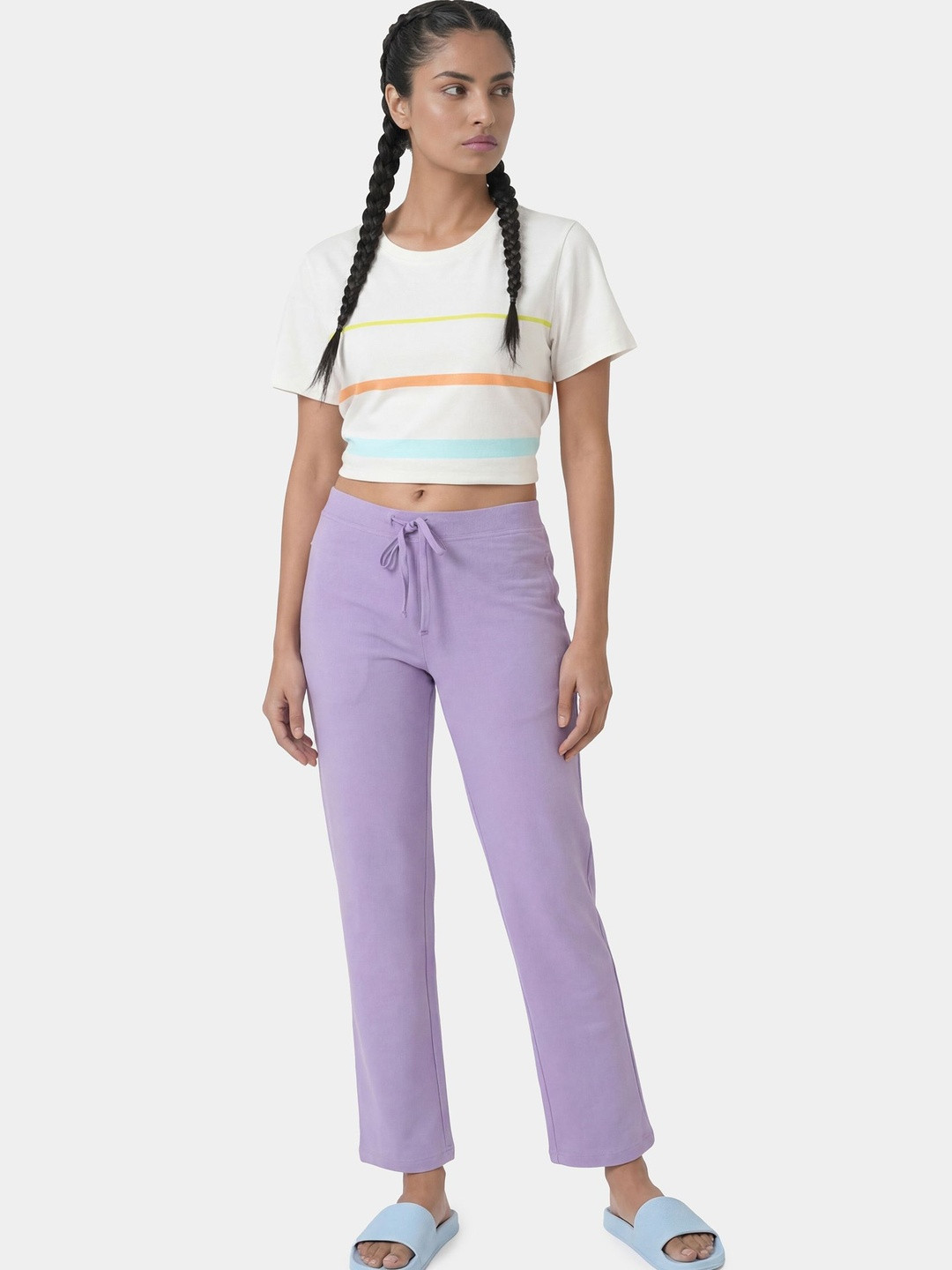 Enamor Women Mid Rise Regular Length Drawstring Lounge Pants Slim Fit Cotton E014