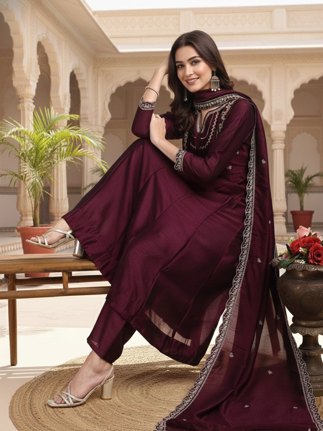 Omicron Fab Ethnic Motifs Regular Thread Work Kurta with Trousers & With Dupatta