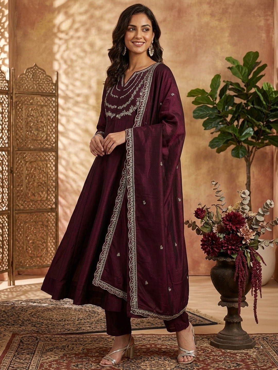 Omicron Fab Women Ethnic Motifs Embroidered Panelled Thread Work Kurta with Trousers & With Dupatta