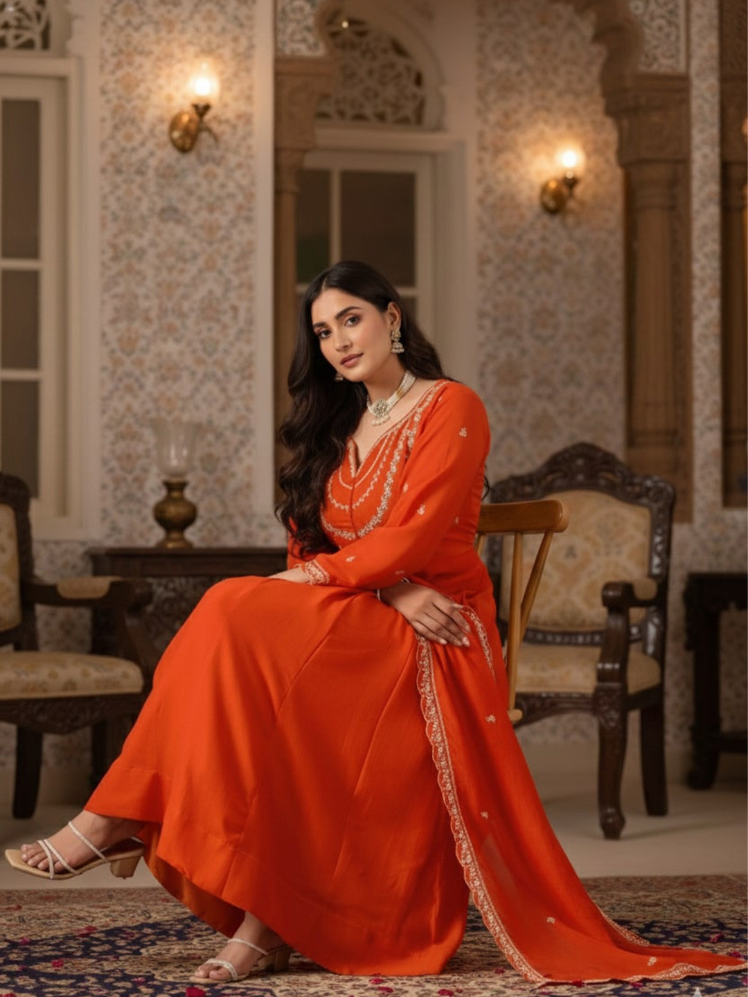 Omicron Fab Women Ethnic Motifs Embroidered Panelled Thread Work Kurta with Trousers & With Dupatta