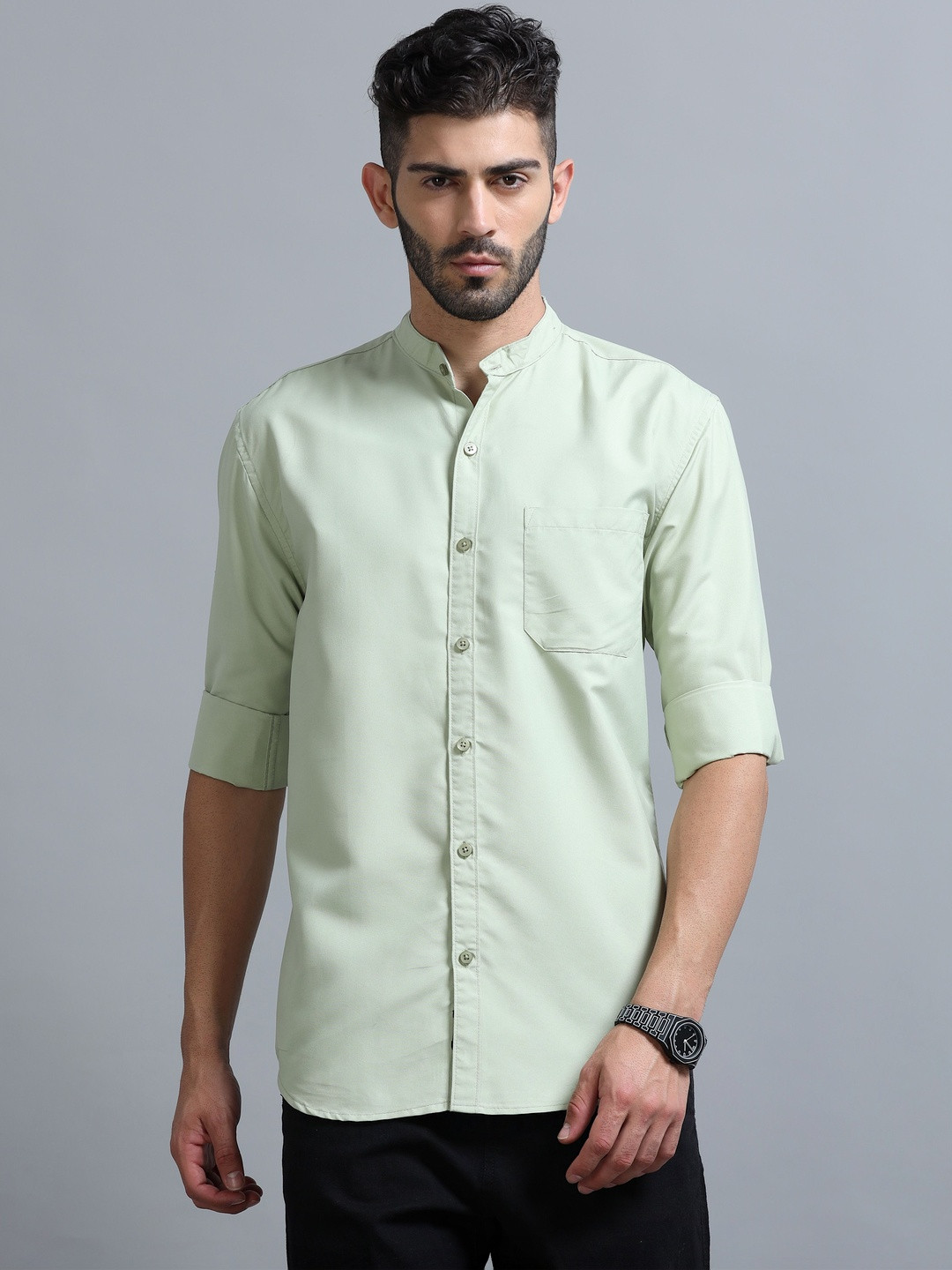 Proword Men Lime Green Regular Fit Solid Casual Shirts