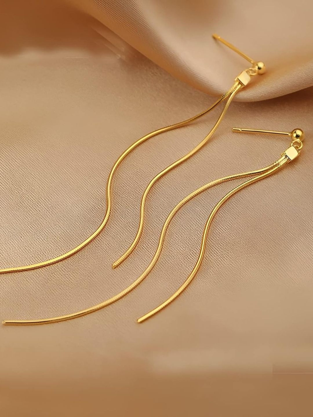 BEYTER Gold-Plated Elegant Gold-tone Triple Wave Long Chain Drop Earrings