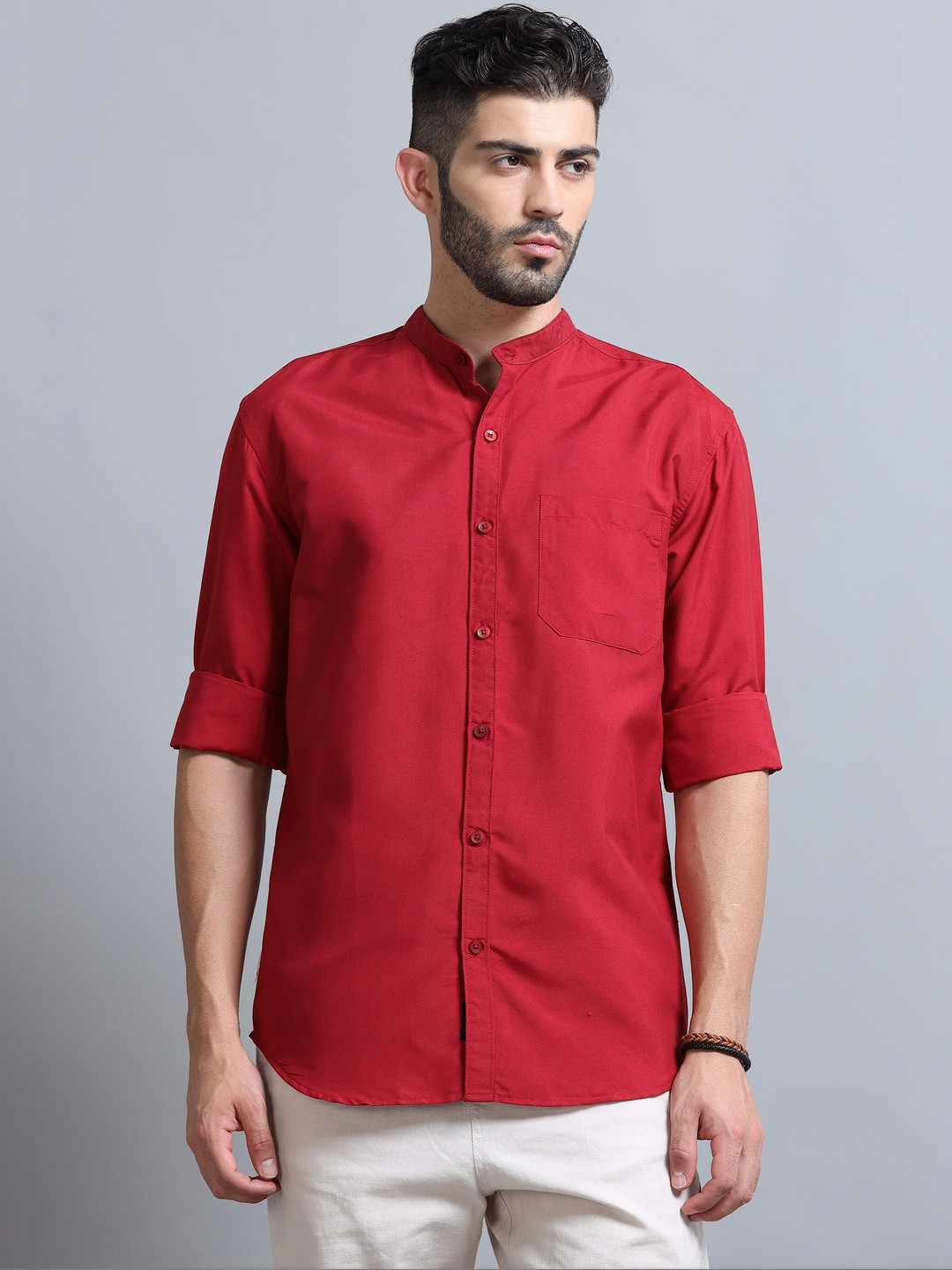 Proword Men Red Regular Fit Solid Casual Shirts
