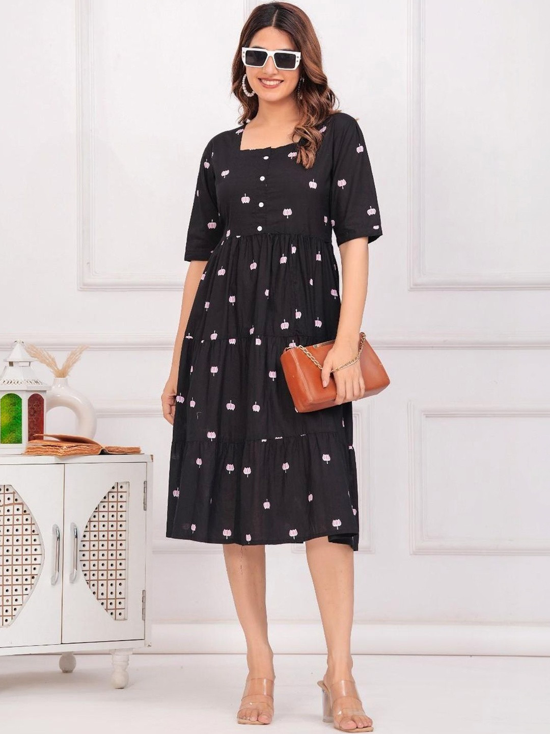 PARIKSHIT Women Black Printed Cotton A-line Round Neck Half Sleeves Kurtas