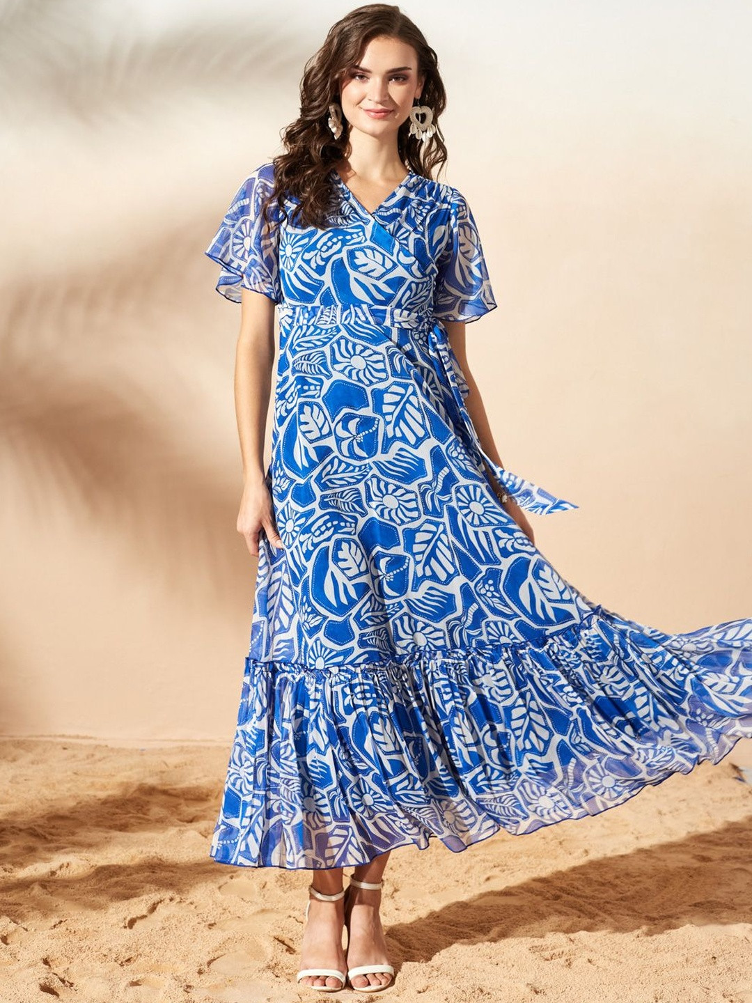 Miss Chase White Blue Floral V-neck Flutter Sleeve Wrap Maxi Chiffon Dress