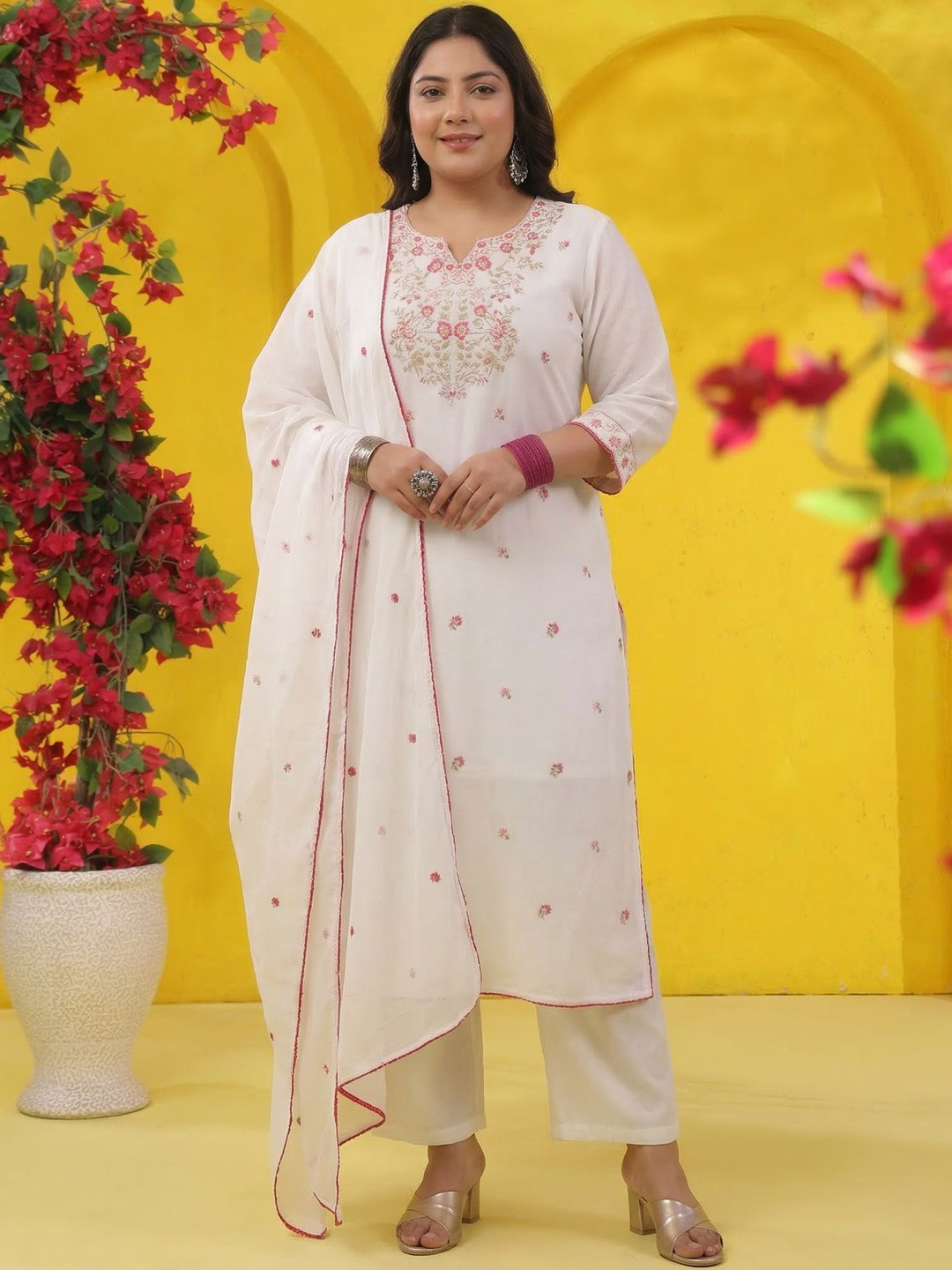 SCAKHI Women Embroidered Thread Work Pure Cotton Kurta with Trousers & Dupatta