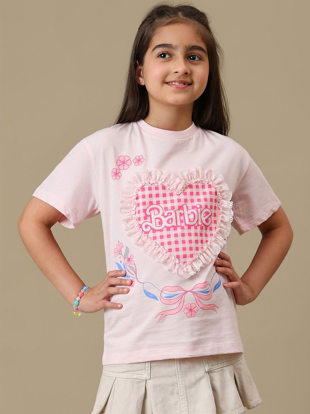 Kids Ville Girls Barbie Printed Cotton Round Neck Relaxed Fit T-shirt