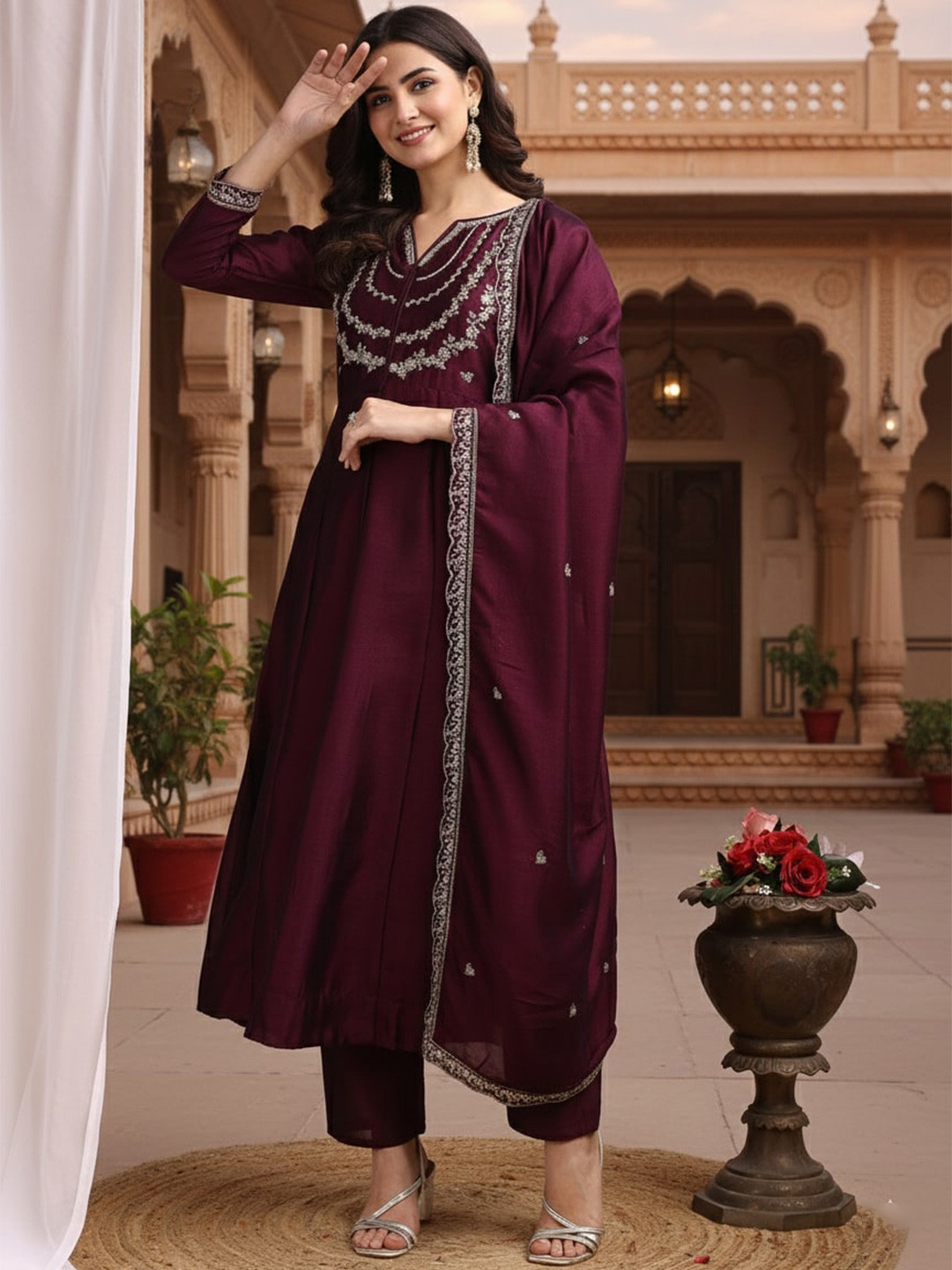 Omicron Fab Women Ethnic Motifs Embroidered Panelled Thread Work Kurta with Trousers & With Dupatta