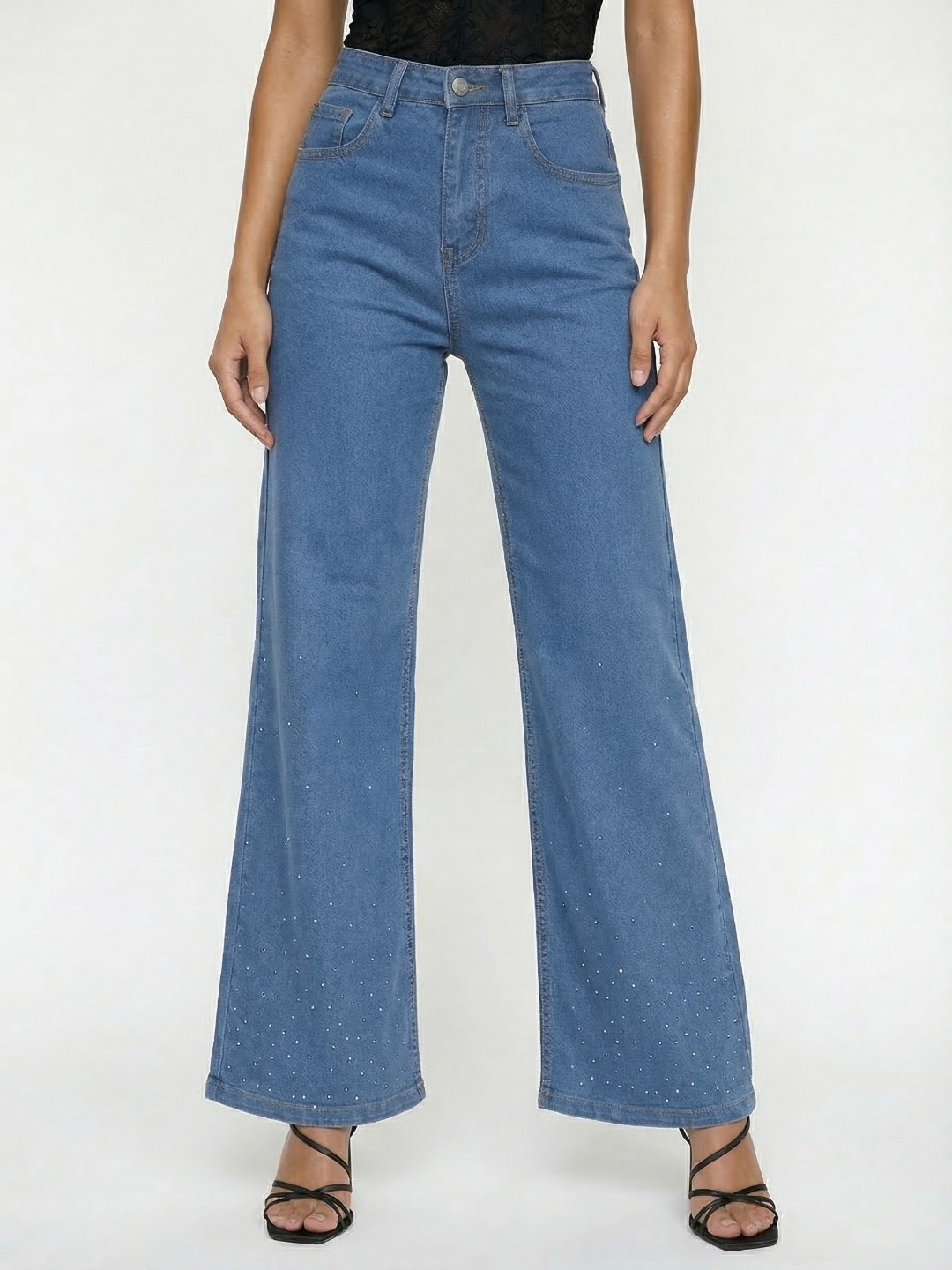 glitchez Women Embellished Wide Leg Light Fade Jeans