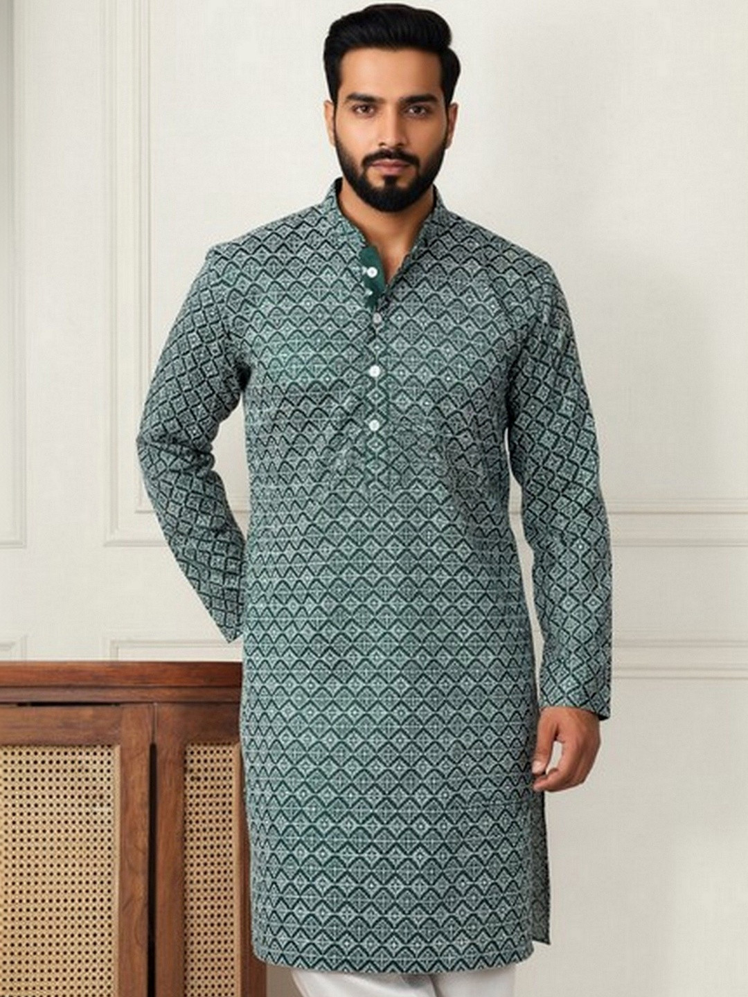 HERE&NOW Men Long Sleeves Mandarin Collar Printed Kurta