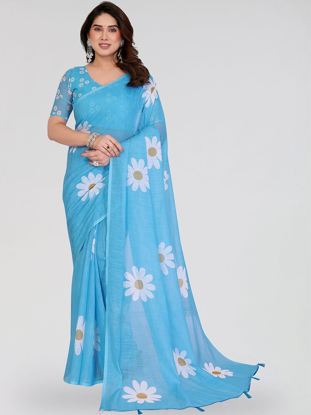 ANAND SAREES Elegant Cotton Blend Floral Prints Unstitched Blouse Sarees