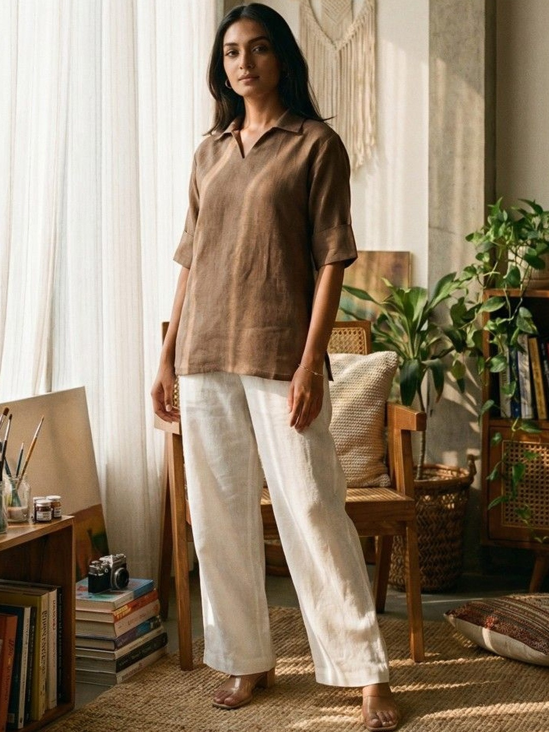 dhaaga Roll-Up Sleeves Linen Top