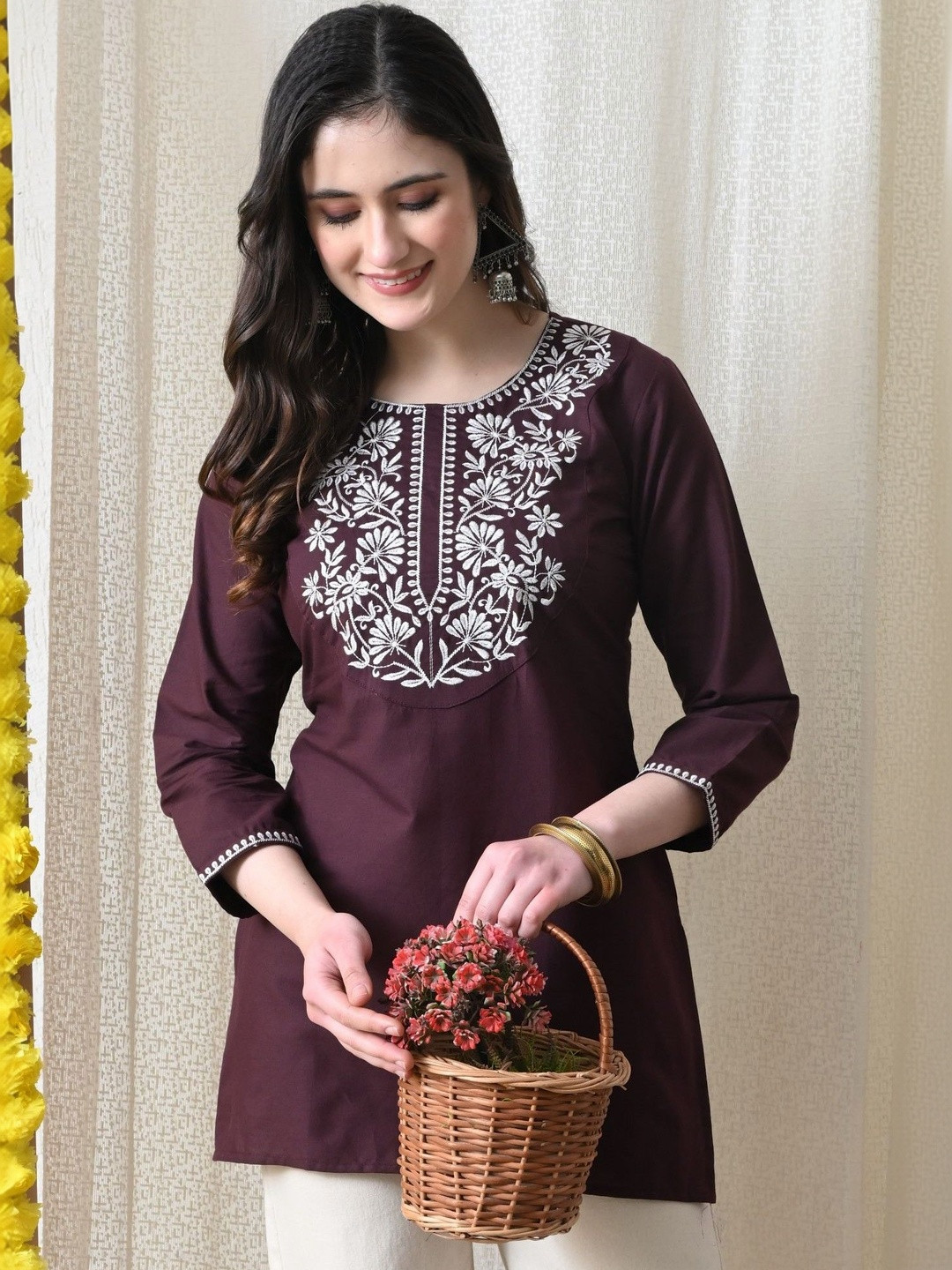 PHYSIL Ethnic Motifs Embroidered Thread Work Pure Cotton Thread Work Kurti