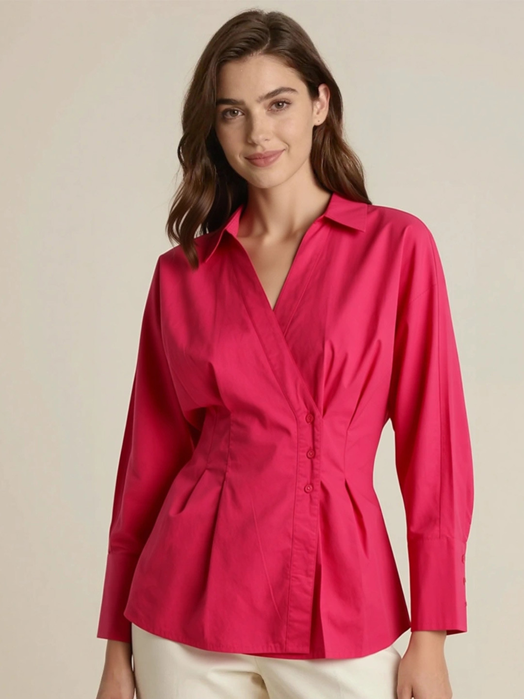 The Roadster Life Co. Cotton Pleated Asymmetric Closure Wrap Style Shirt
