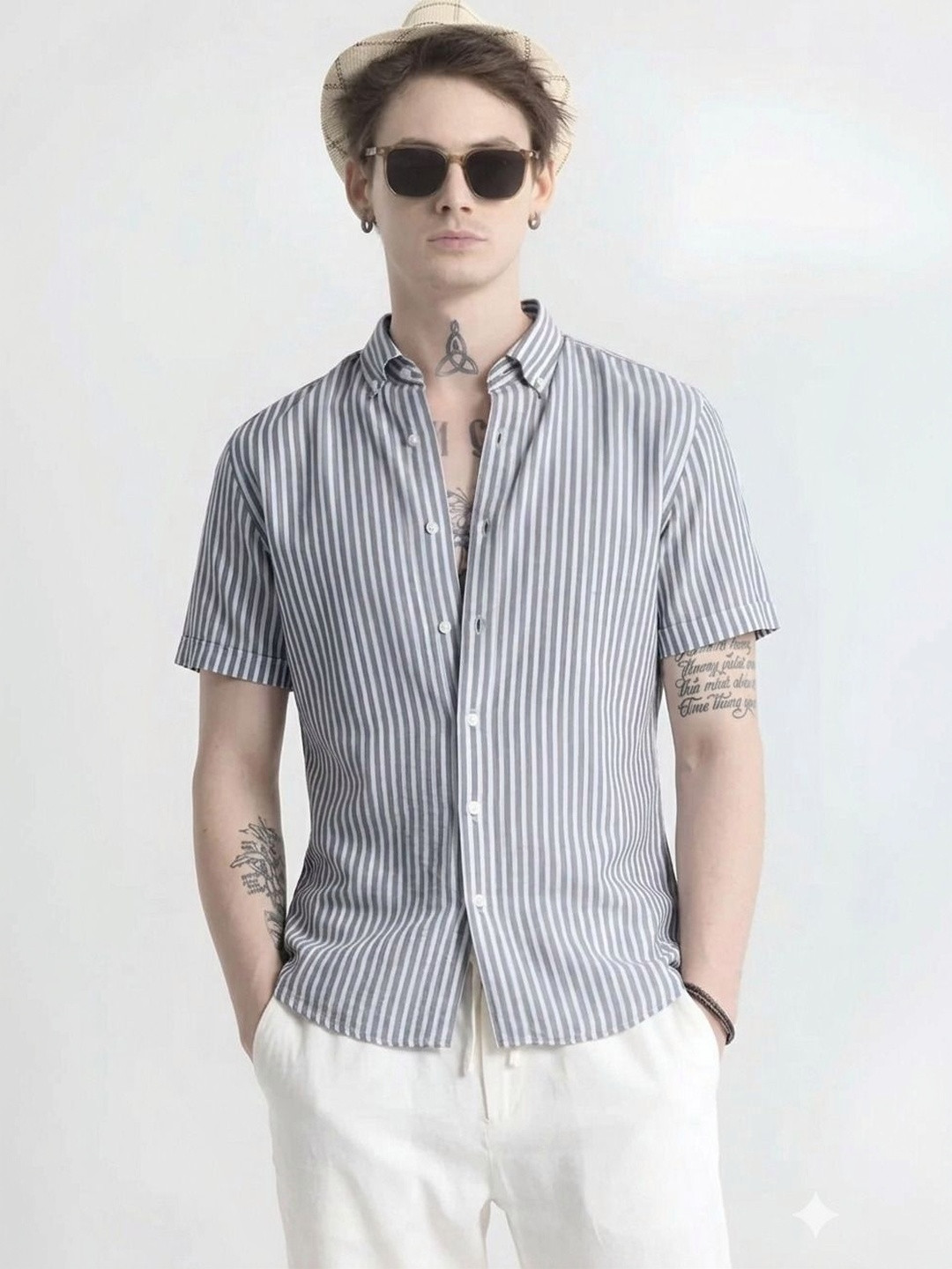 TIGER SNAKE Men Striped Spread Collar Short Sleeves Shirt