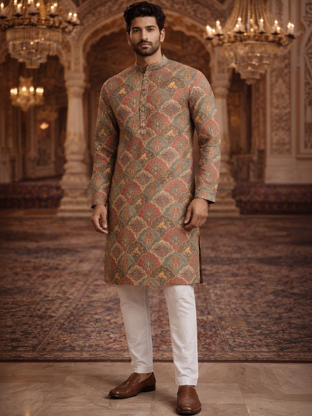 House of Pataudi Printed Mandarin Collar Knee Length Straight Kurtas