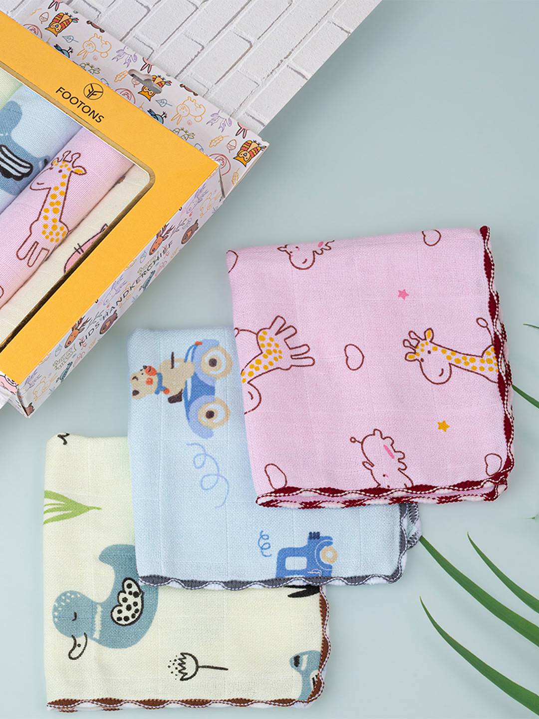 FOOTONS Kids Pack of 4 Pink, Yellow & Blue Cotton Printed Handkerchiefs with Hemmed Edges