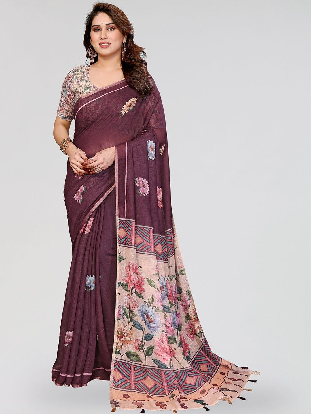 ANAND SAREES Lightweight Floral Printed Cotton Blend Sarees