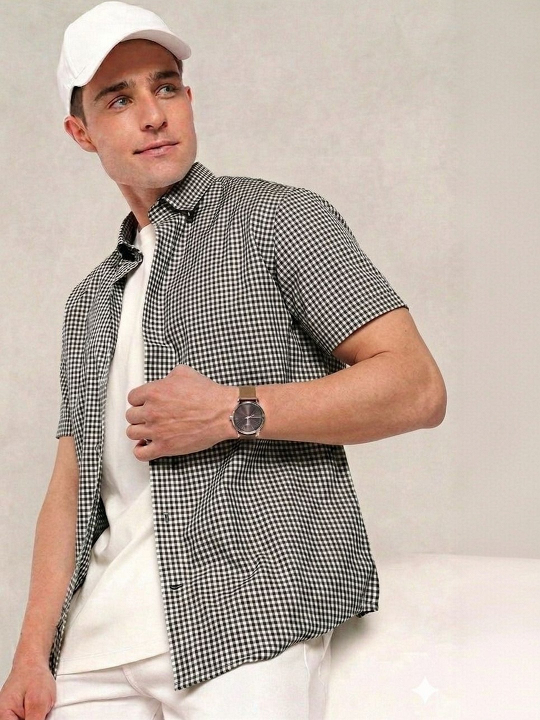 TIGER SNAKE Men Gingham Checked Spread Collar Cotton Short Sleeves Shirt