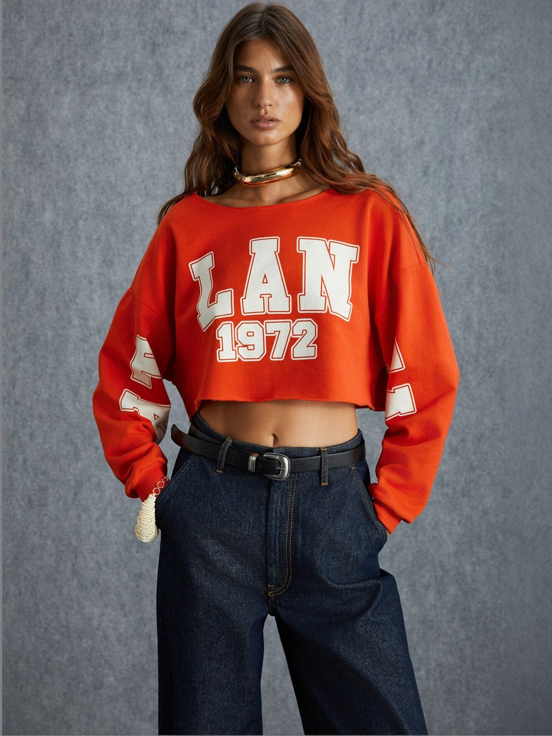 GRIMELANGE Print Cotton Crop Top